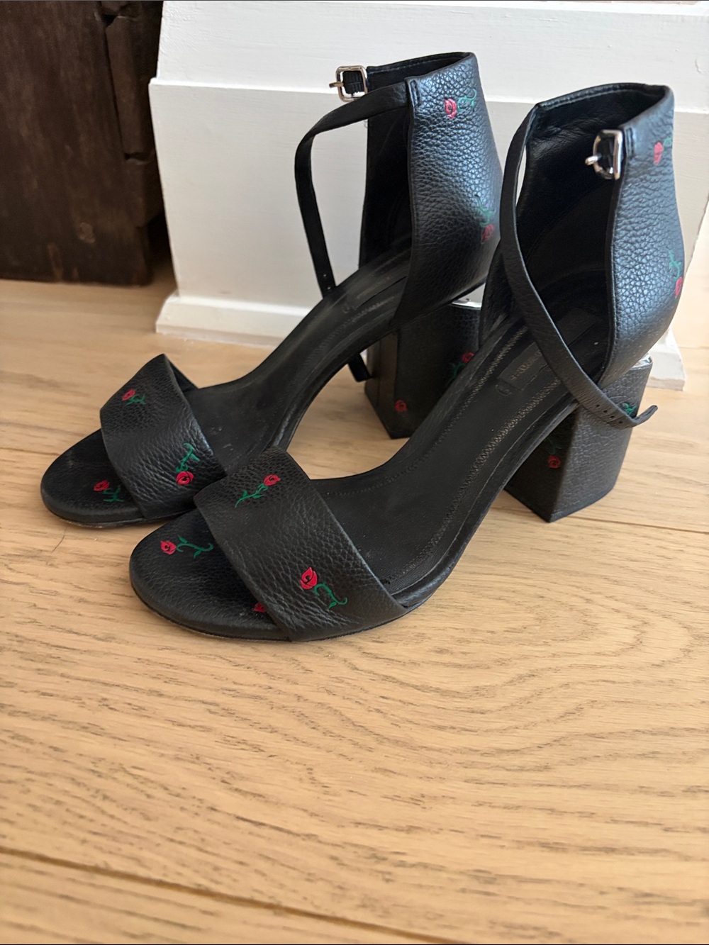 Alexander Wang Black Leather Block Heel Sandals with Red Rose Embroidery